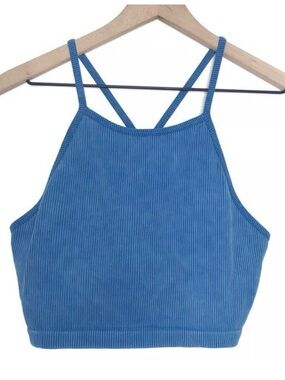 JoyLab Blue Ribbed High-Neck Crop Sports Bra